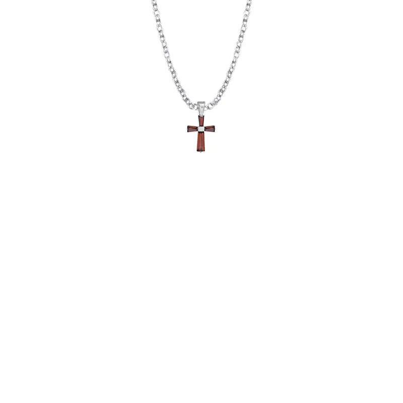 3/8 Inch Sterling Silver and Glass Crystal January Birthstone Baguette Cross Baby Necklace