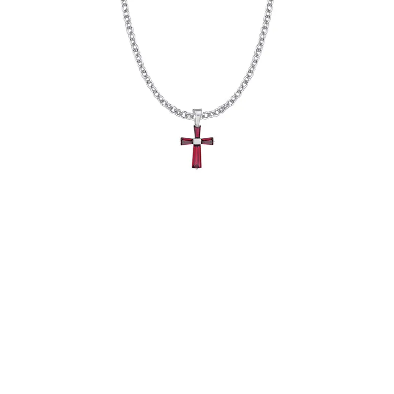5/8 Inch Sterling Silver and Glass Crystal First Communion January Birthstone Baguette Cross Necklace