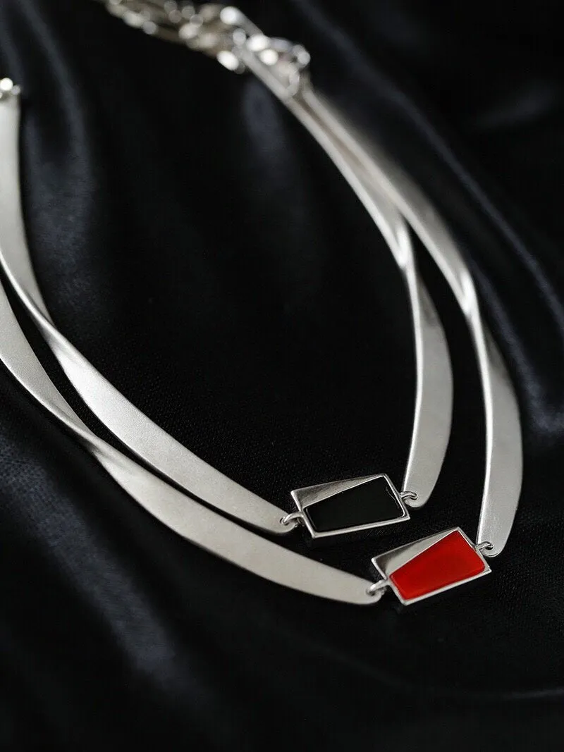 925 Silver Matte Black Red Agate Necklace