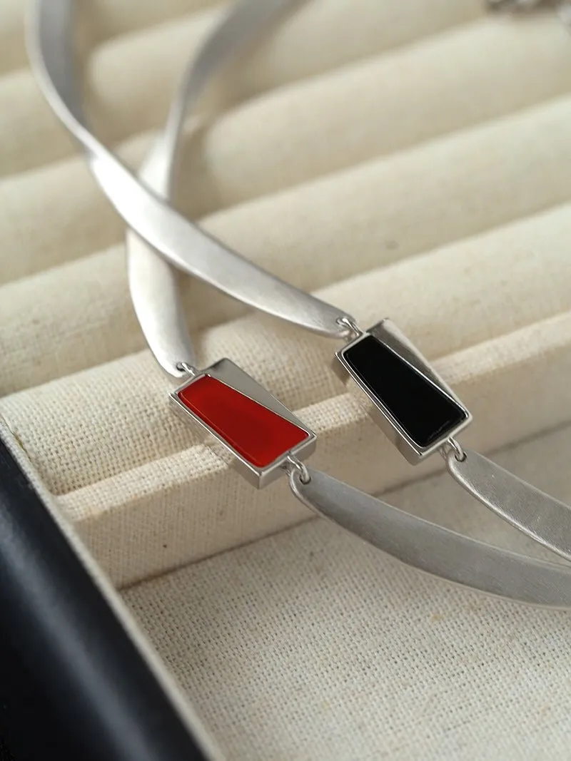 925 Silver Matte Black Red Agate Necklace