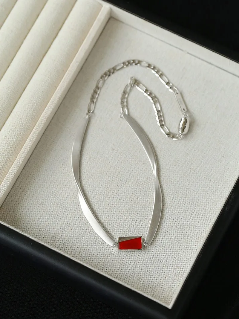 925 Silver Matte Black Red Agate Necklace