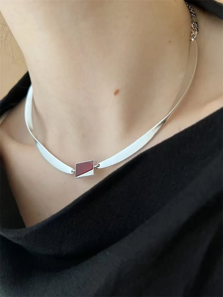 925 Silver Matte Black Red Agate Necklace