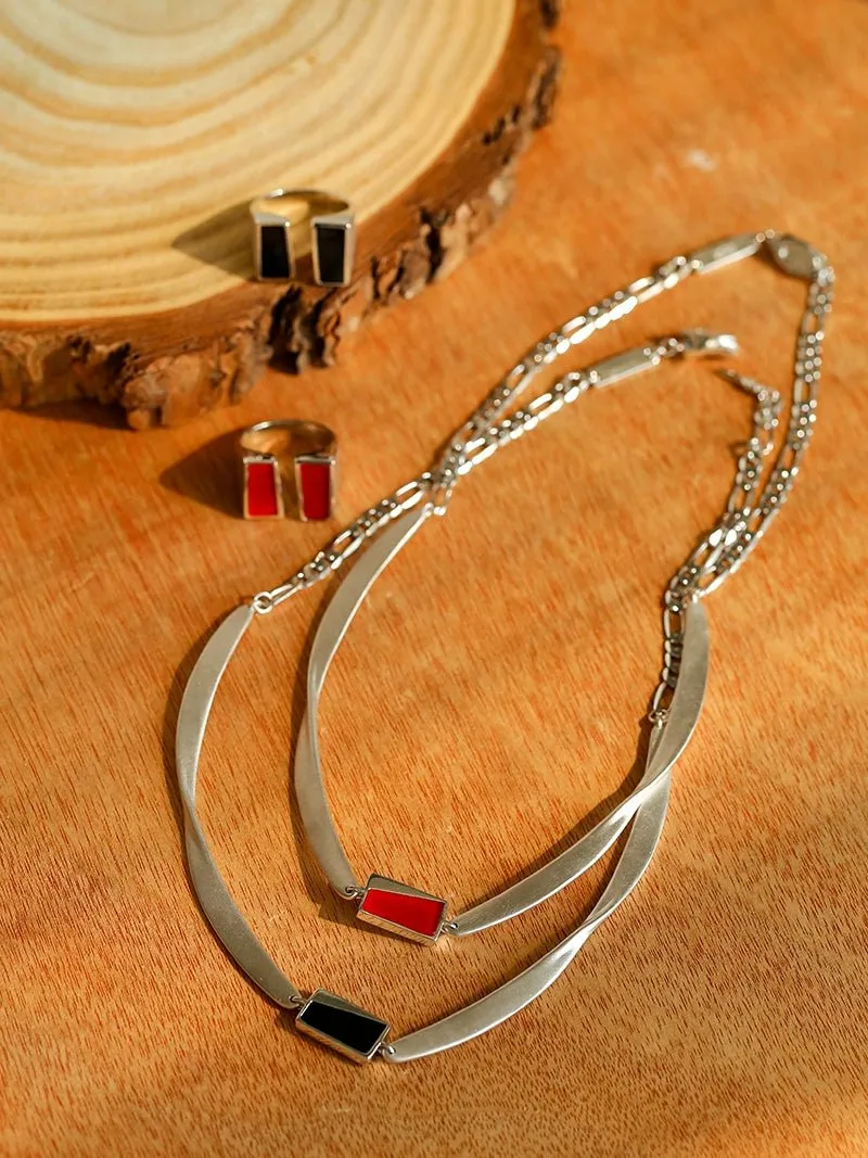 925 Silver Matte Black Red Agate Necklace