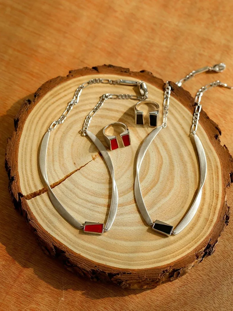 925 Silver Matte Black Red Agate Necklace