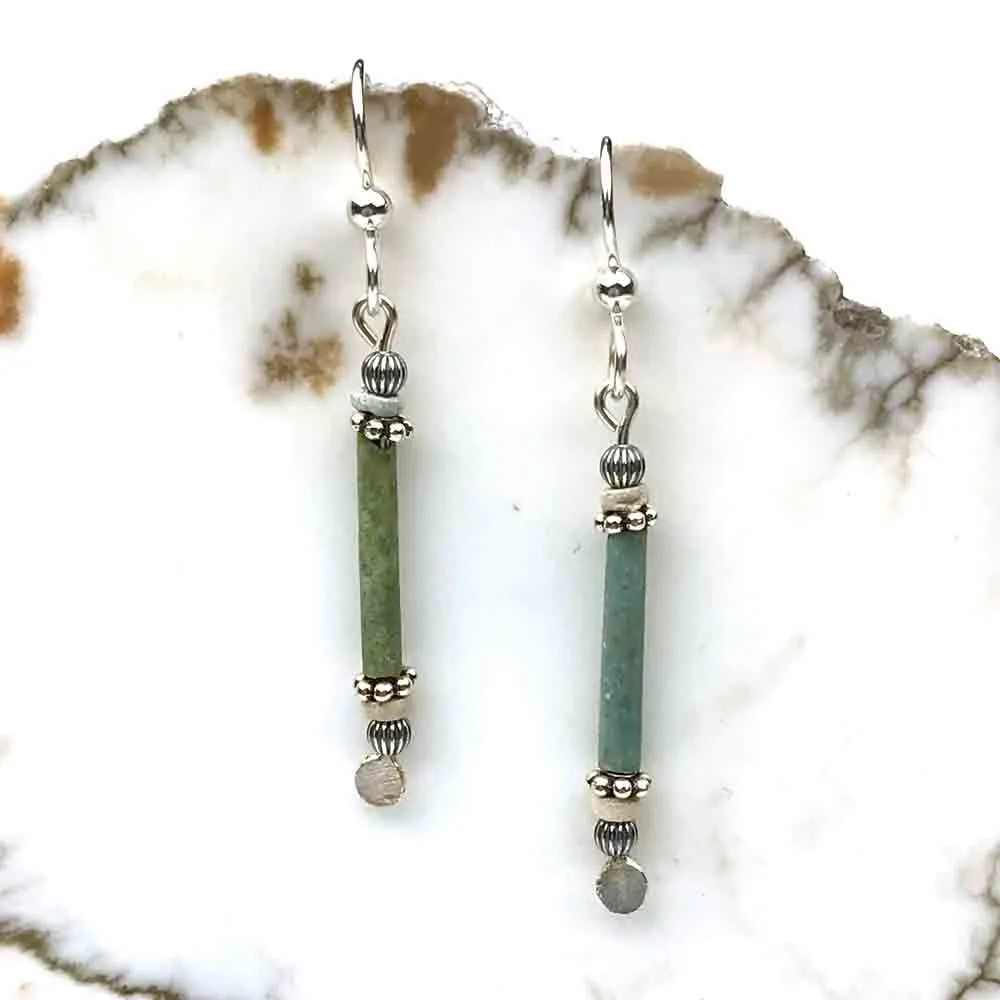 Ancient Egyptian Faience Mummy Bead Earrings in Sterling Silver | Artifact #G3883
