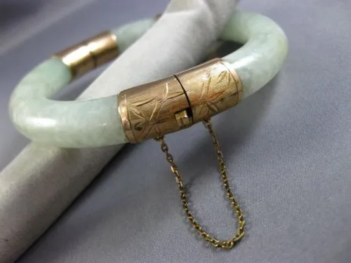 ANTIQUE EXTRA LARGE AAA JADE 14KT YELLOW GOLD 3D FILIGREE LUCKY BANGLE BRACELET