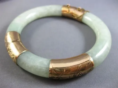 ANTIQUE EXTRA LARGE AAA JADE 14KT YELLOW GOLD 3D FILIGREE LUCKY BANGLE BRACELET
