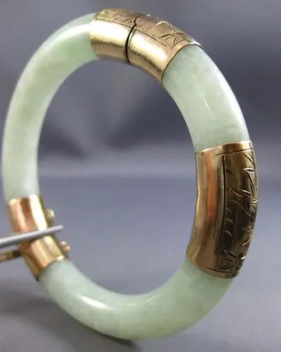 ANTIQUE EXTRA LARGE AAA JADE 14KT YELLOW GOLD 3D FILIGREE LUCKY BANGLE BRACELET