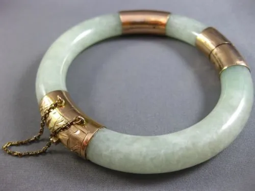 ANTIQUE EXTRA LARGE AAA JADE 14KT YELLOW GOLD 3D FILIGREE LUCKY BANGLE BRACELET