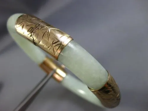 ANTIQUE EXTRA LARGE AAA JADE 14KT YELLOW GOLD 3D FILIGREE LUCKY BANGLE BRACELET
