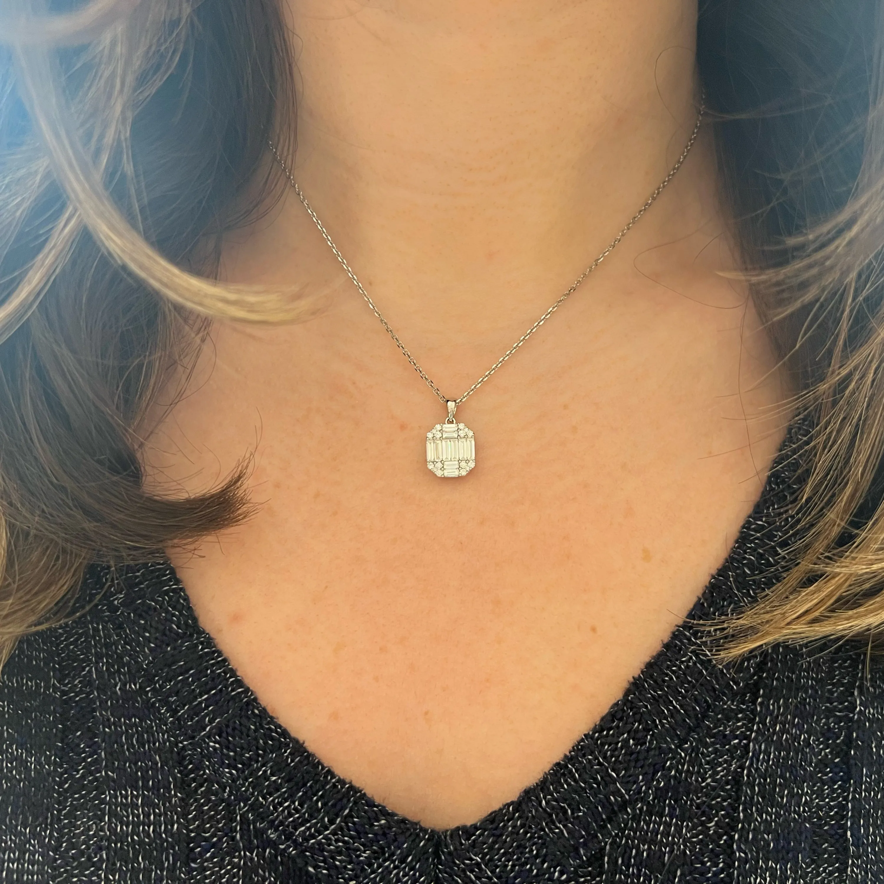 Baguette and Round Diamond Octagon Pendant