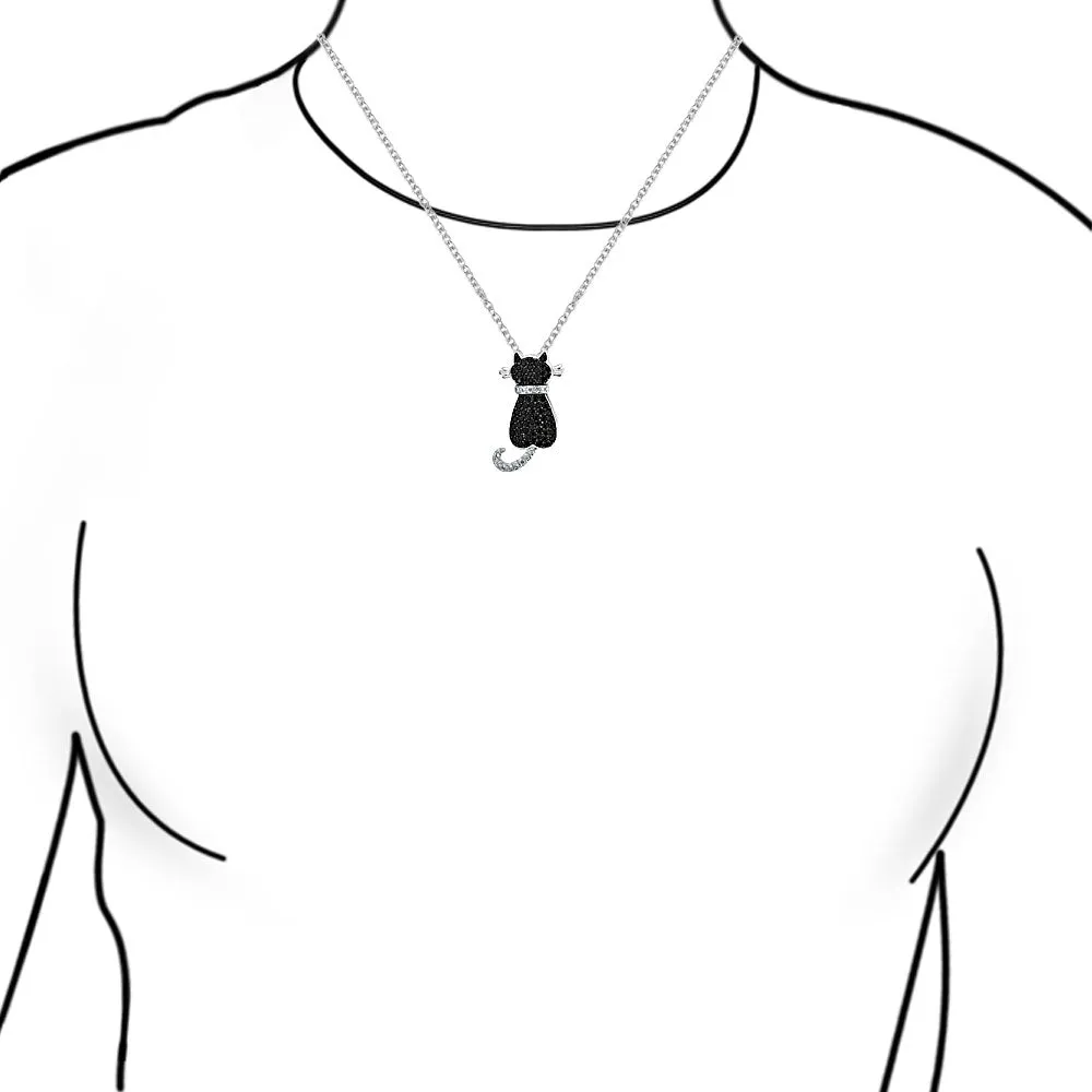 BFF Black Kitty Cat Pendant Necklace CZ Kitten Jewelry for Cat Lovers in Silver