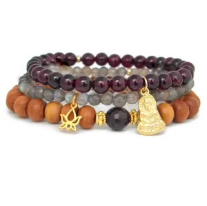Buddhas Bliss Bracelet Stack | Garnet Labradorite Sandalwood
