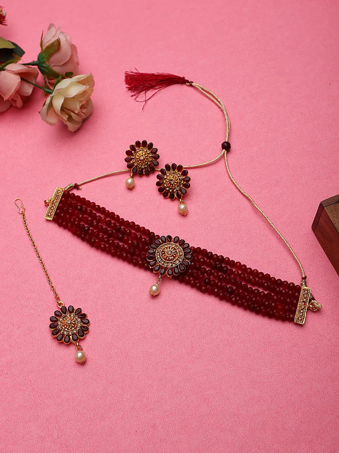Cardinal Gold-Plated Maroon Onyx-Studded & Beaded Jewellery Set