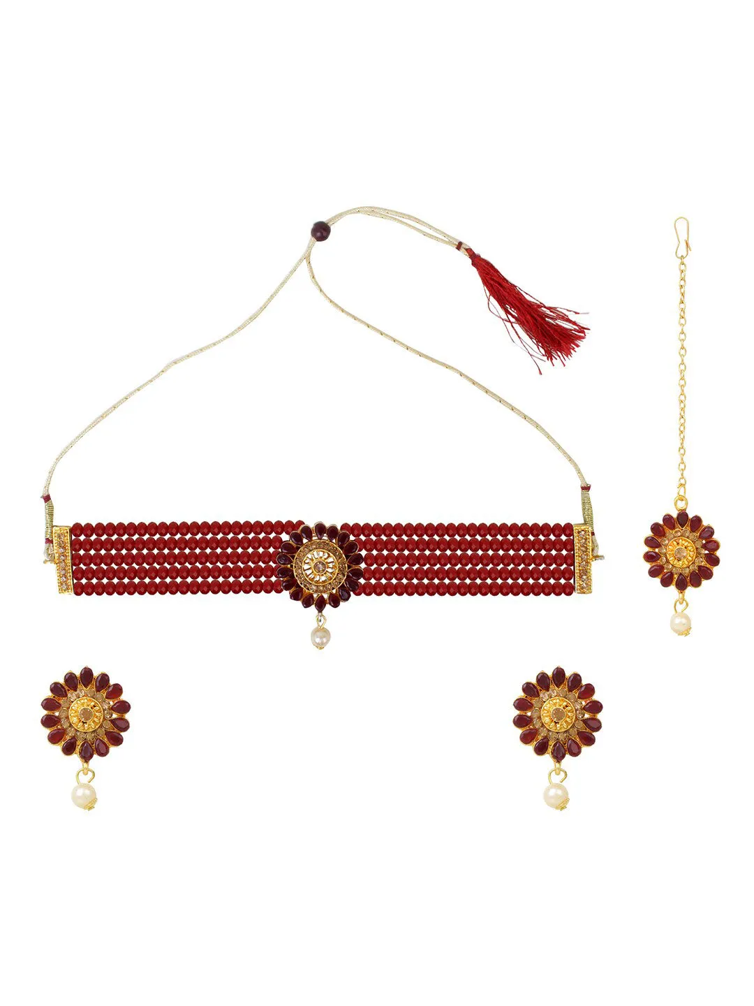 Cardinal Gold-Plated Maroon Onyx-Studded & Beaded Jewellery Set