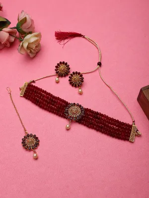 Cardinal Gold-Plated Maroon Onyx-Studded & Beaded Jewellery Set