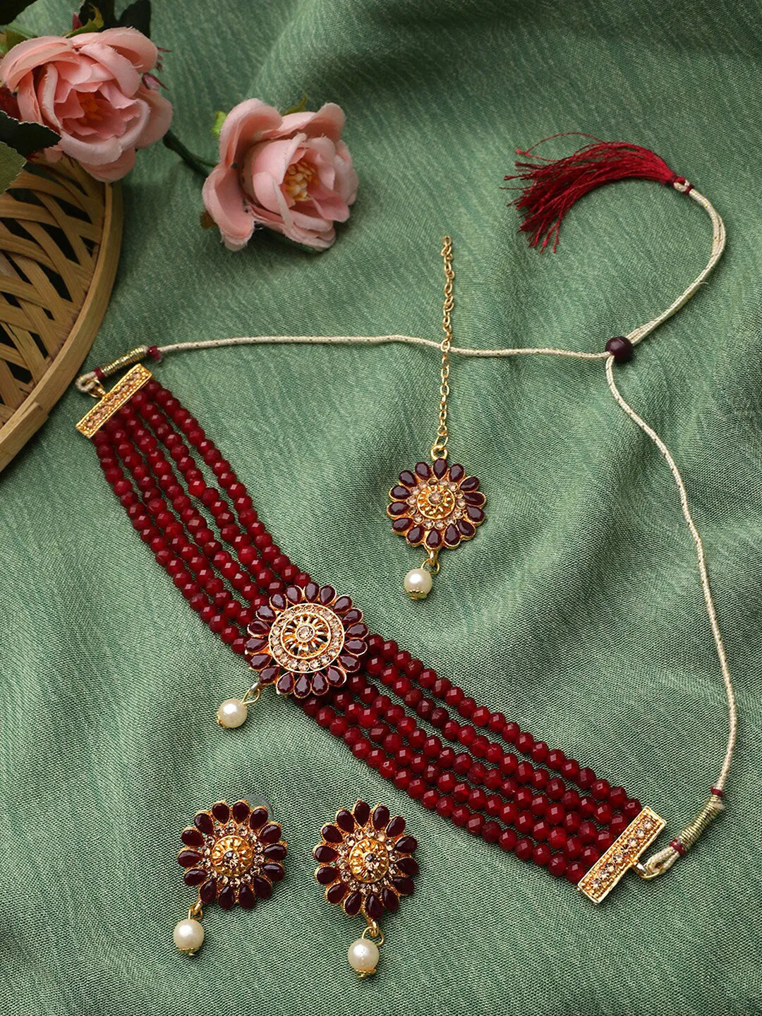 Cardinal Gold-Plated Maroon Onyx-Studded & Beaded Jewellery Set