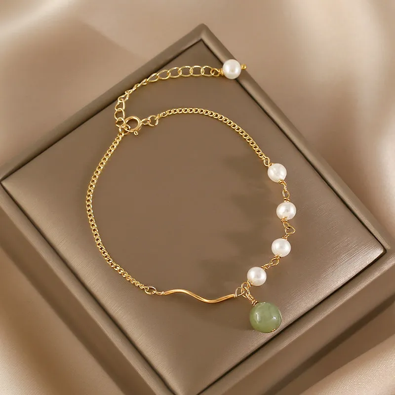 Charm Womens Jade Pearl Bracelet Gold Plated Bracelets For Women