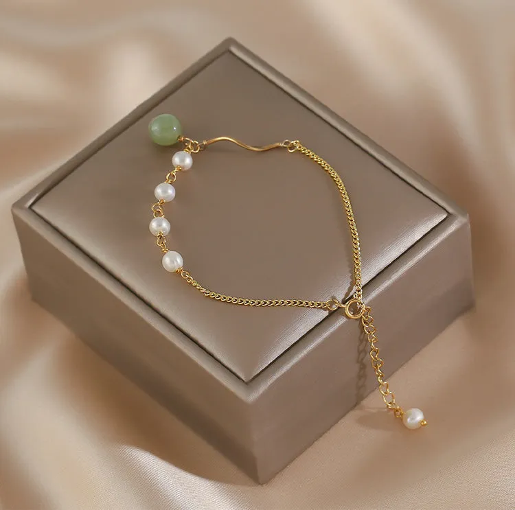 Charm Womens Jade Pearl Bracelet Gold Plated Bracelets For Women