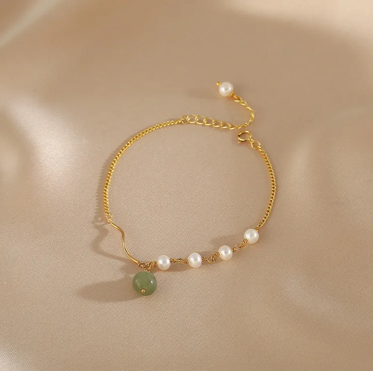 Charm Womens Jade Pearl Bracelet Gold Plated Bracelets For Women