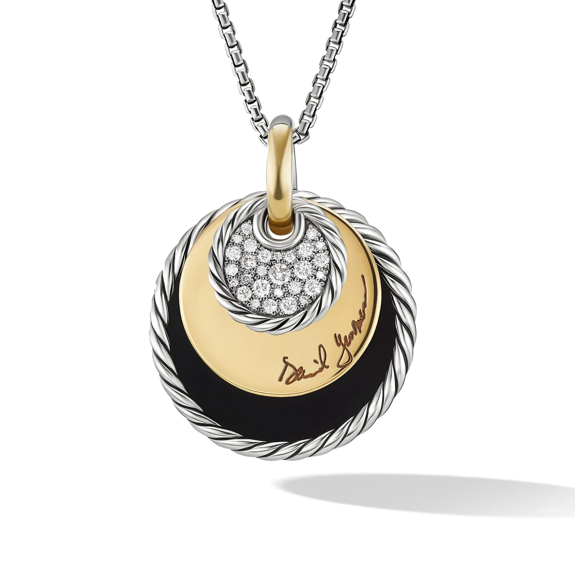 DY Elements® Eclipse Pendant Necklace with Black Onyx Reversible to Mother of Pearl, 18K Yellow Gold and Pavé Diamonds