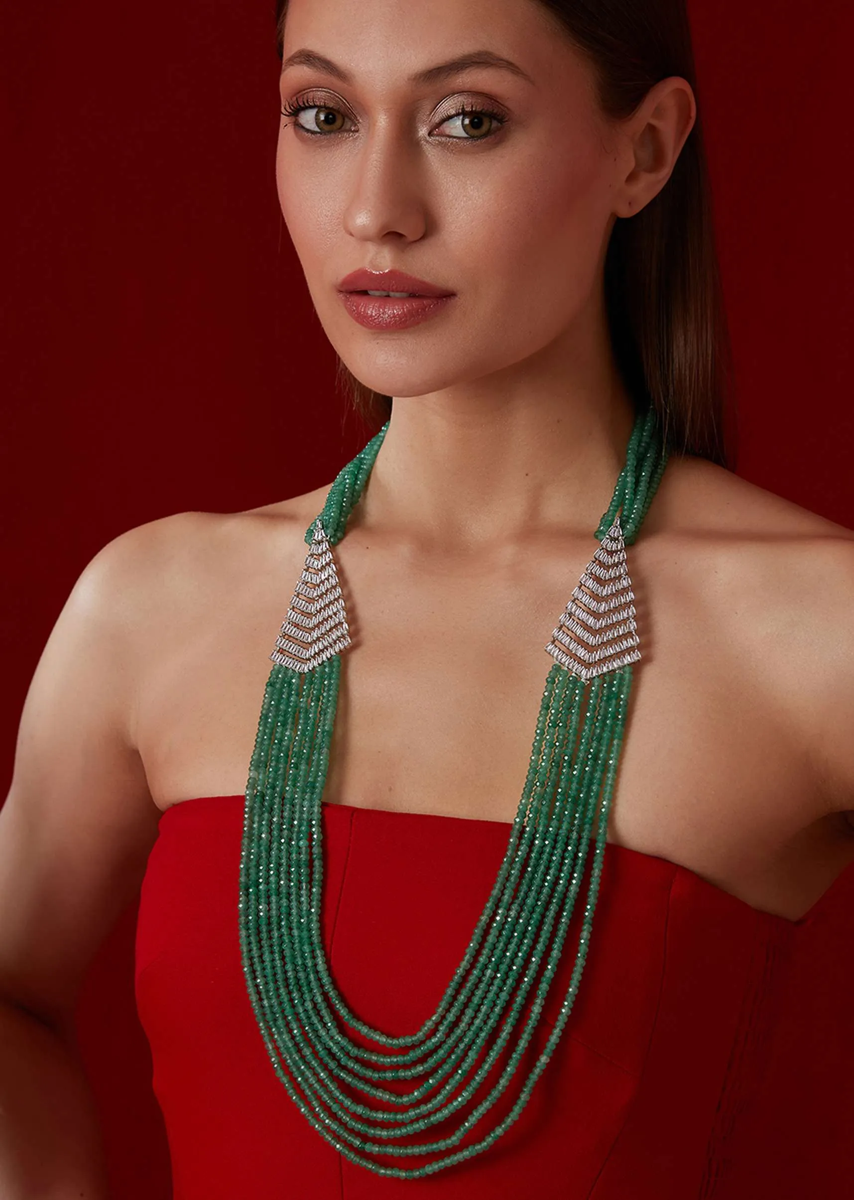 Faux Diamond Embellished Necklace In 22K Rhodium Plated Silver Alloy