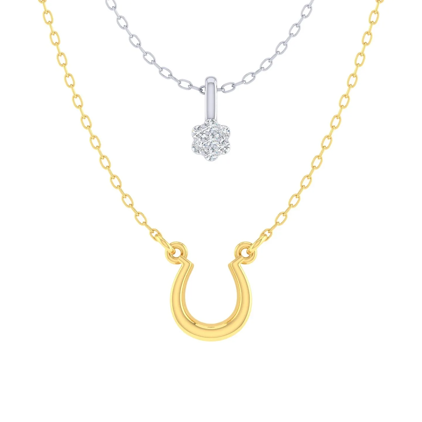 Floral and Horseshoe Layered 1/20 Cttw Natural Diamond Pendant Necklace set in 925 Sterling (Silver & Yellow Gold)…