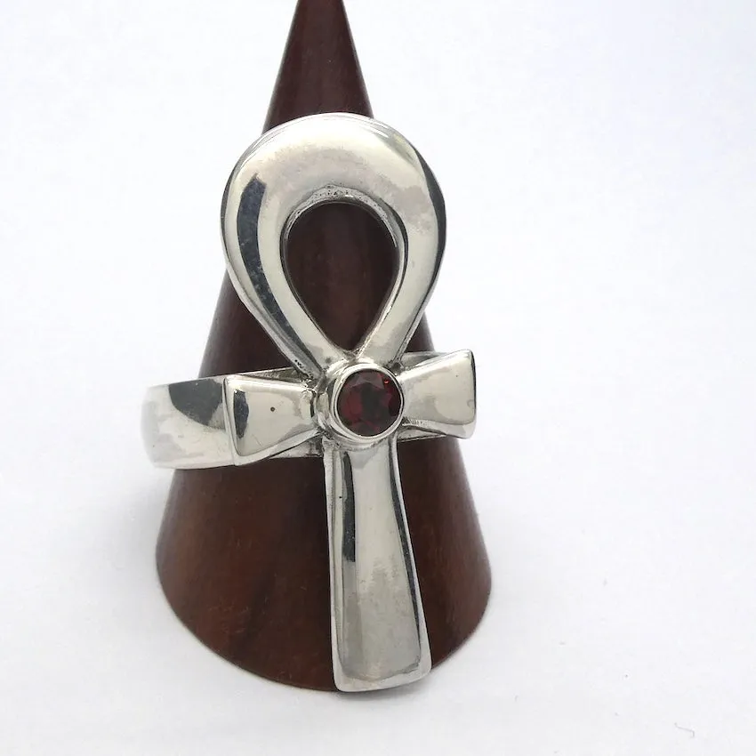 Garnet Ankh Ring, Faceted Round, 925 Sterling Silver, Size 8,9