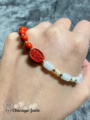 Jadeite beaded bracelet with freshwater pearl and red wood alloy