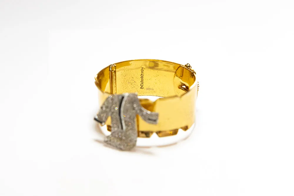 McCLELLAND BARCLAY Art Moderne Gold Plated with Pavé Rhinestones and Blue Accents Cuff Bracelet