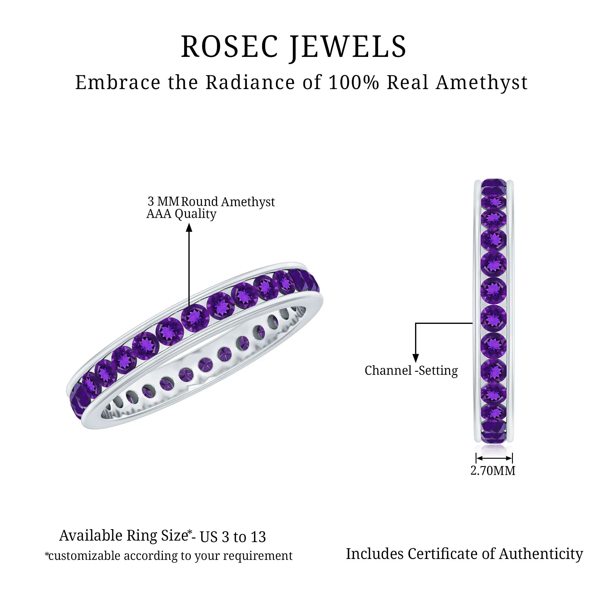 Round Shape Amethyst Eternity Ring in Channel Setting