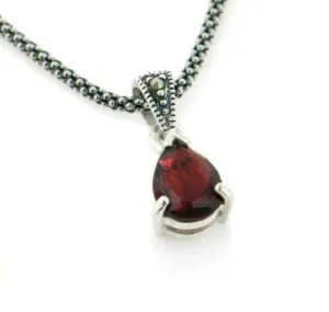 Sterling Silver Antiqued Marcasite Garnet 16" Necklace