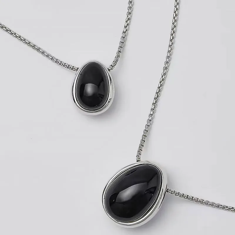 Two Tone Onyx Pebble Pendant Sterling Silver Plated Box Chain Necklace