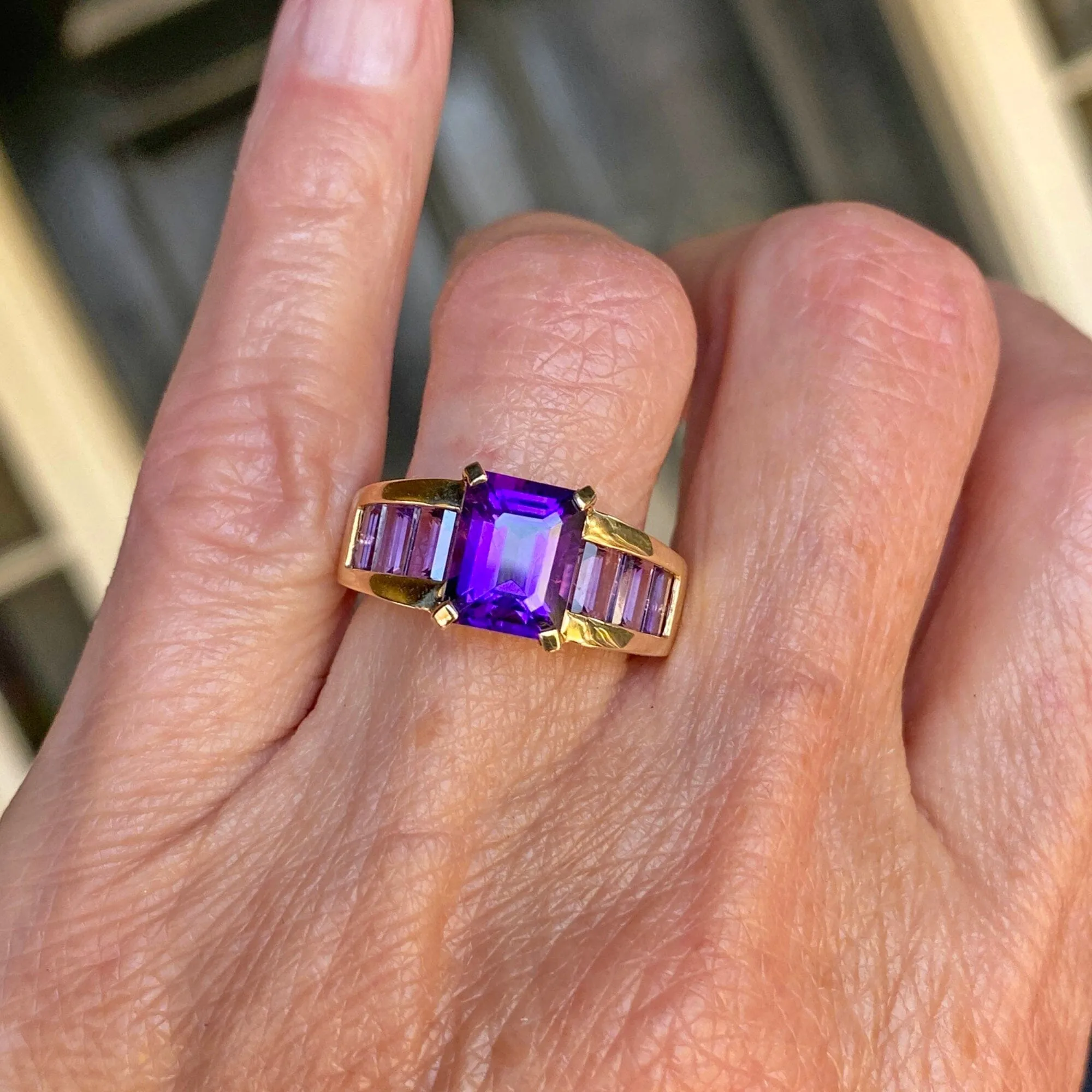 Vintage Gold Channel Set Step Cut Amethyst Ring