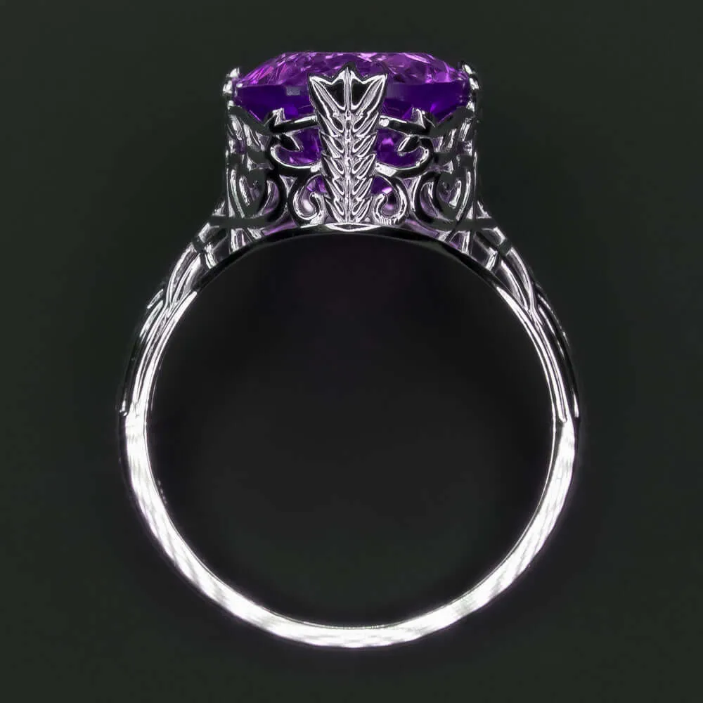 VINTAGE STYLE AMETHYST 14K WHITE GOLD RING FILIGREE OVAL PURPLE NATURAL COCKTAIL