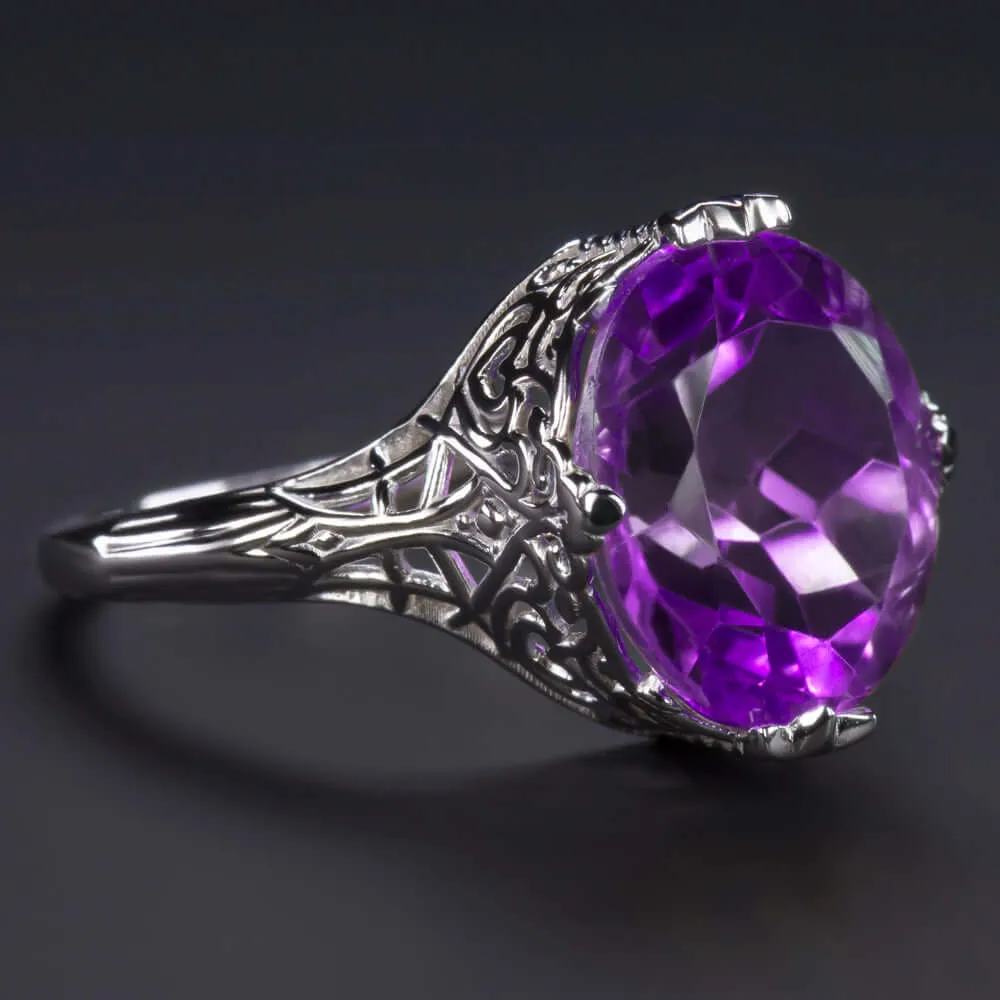 VINTAGE STYLE AMETHYST 14K WHITE GOLD RING FILIGREE OVAL PURPLE NATURAL COCKTAIL