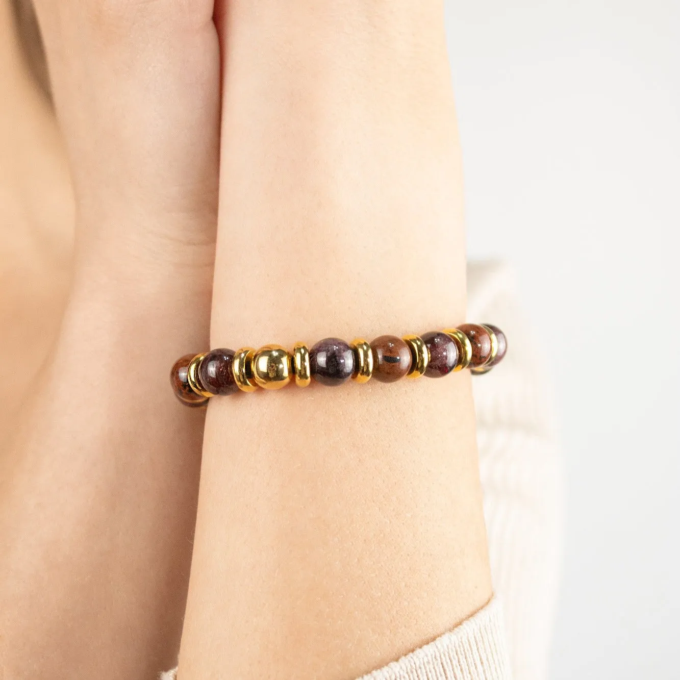 Women's Empowering Garnet Almandine and Obsidian Mahogany Bracelet with Gold