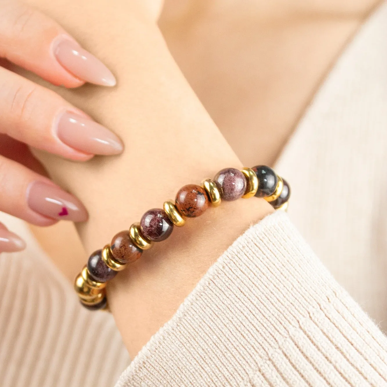 Women's Empowering Garnet Almandine and Obsidian Mahogany Bracelet with Gold