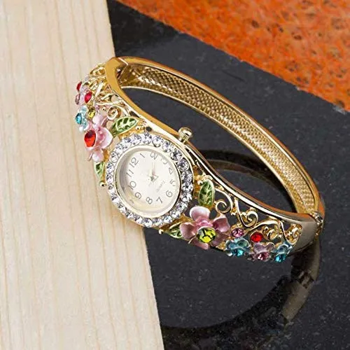 Yellow Chimes Exclusive Floral Design Crystal Watch Cuff&Kada Watch Bracelet for Women